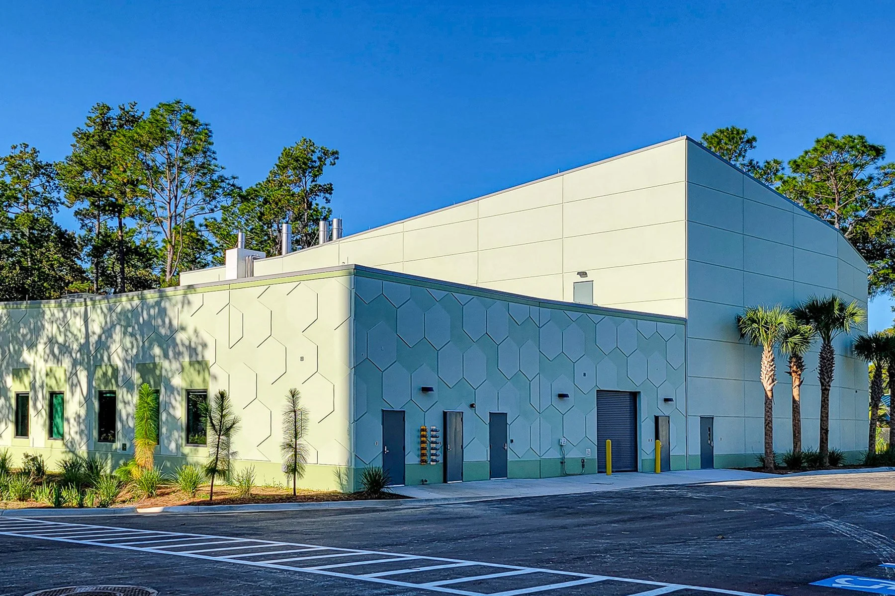 Modern white building with geometric patterns, several small palm trees, and a parking lot with handicapped parking space, under a clear blue sky.