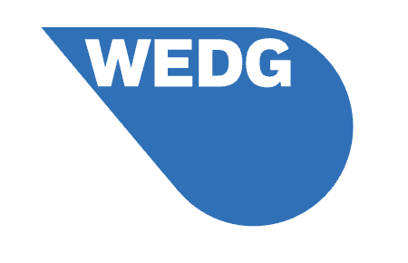 WEDG logo with a blue teardrop shape and white text