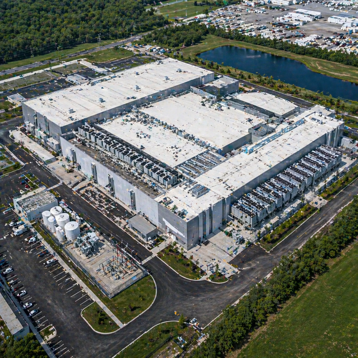 An aerial view of a large retail store with a white roof, multiple parking lots with cars, surrounding greenery, a pond, and other commercial buildings nearby.