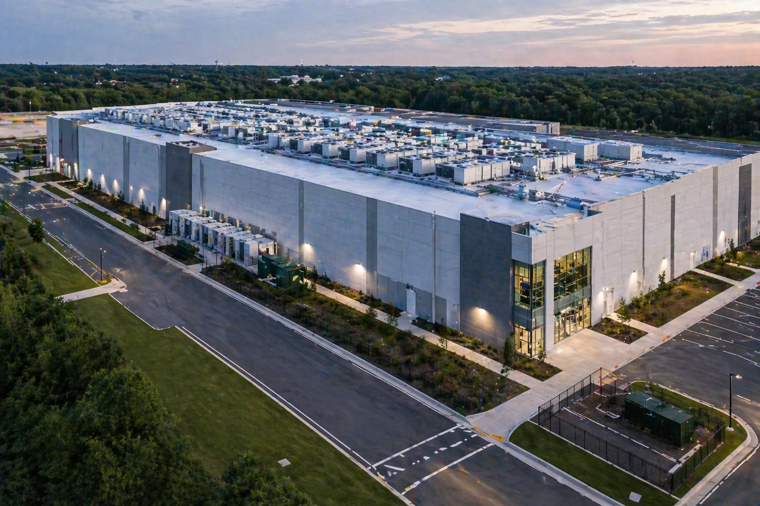 A large modern distribution or data center building with multiple air conditioning units on the roof, surrounded by parking lots and landscaping, at dusk.