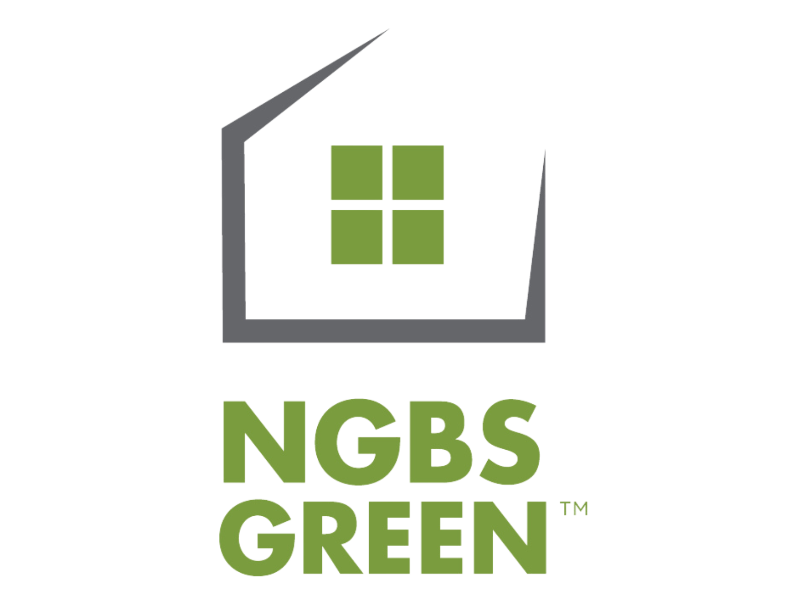 A logo for NGBS Green, featuring a three-dimensional house with a gray roof, pieced from yellow and white panels, and four green squares on the wall. The text 'NGBS GREEN' in large green letters is below the house.