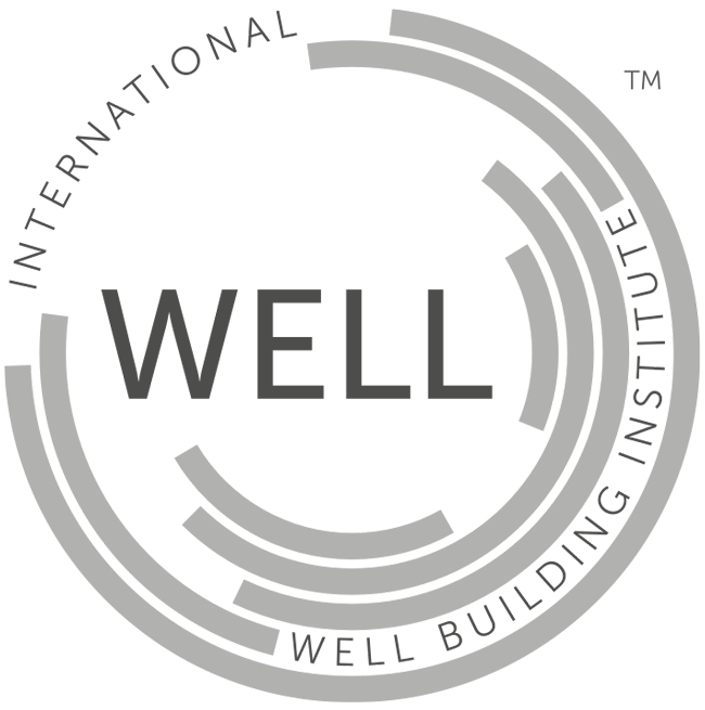 well building certification logo with the words 'WELL', 'INTERNATIONAL', and 'WELL BUILDING INSTITUTE' arranged in curved lines, featuring circular and linear design elements.