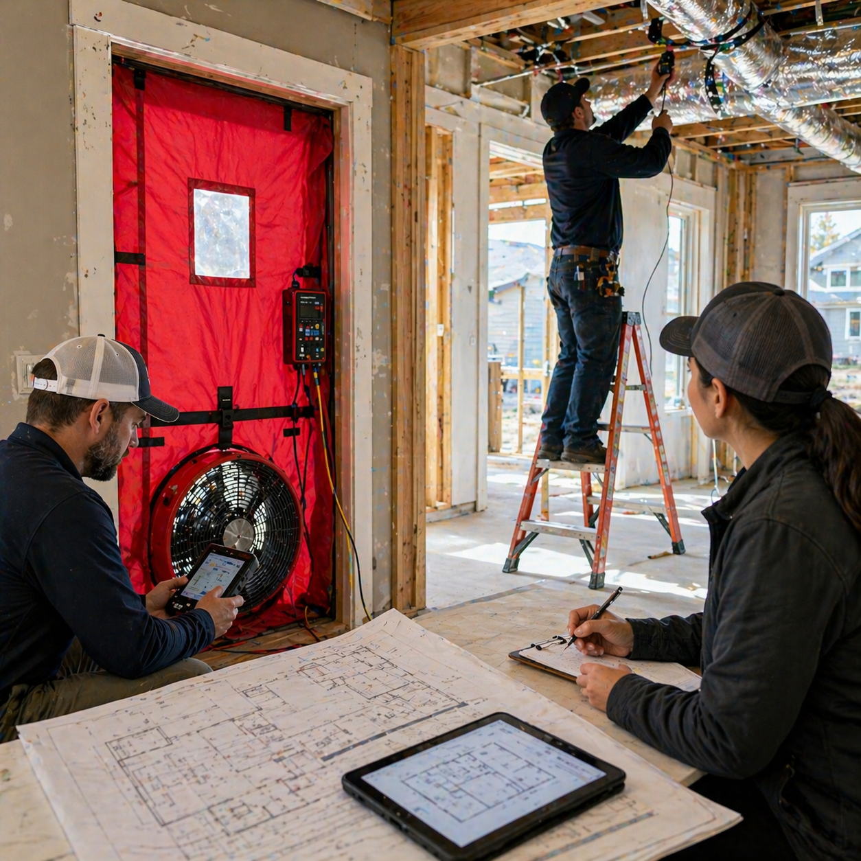 Construction workers inside a building under construction, with one worker on a ladder installing wiring in the ceiling, while two others review blueprints and operate electronic devices, with construction equipment and windows visible in the background.