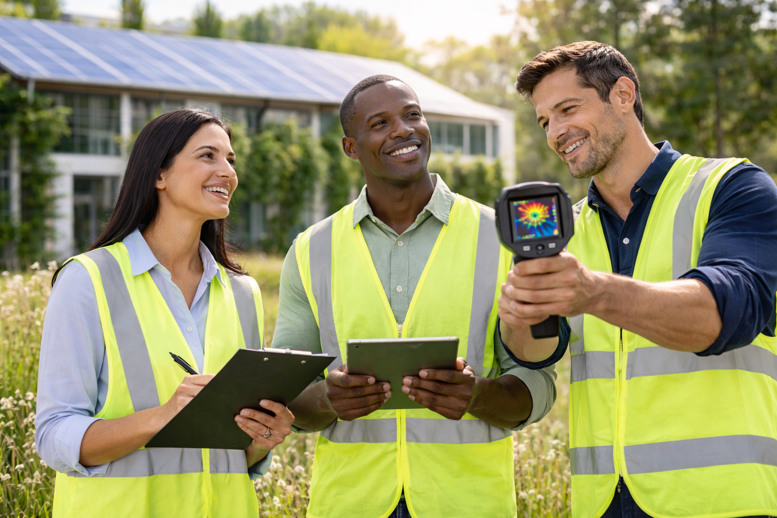 Three people in high-visibility vests outdoors, smiling, examining a thermal imaging camera and tablet.