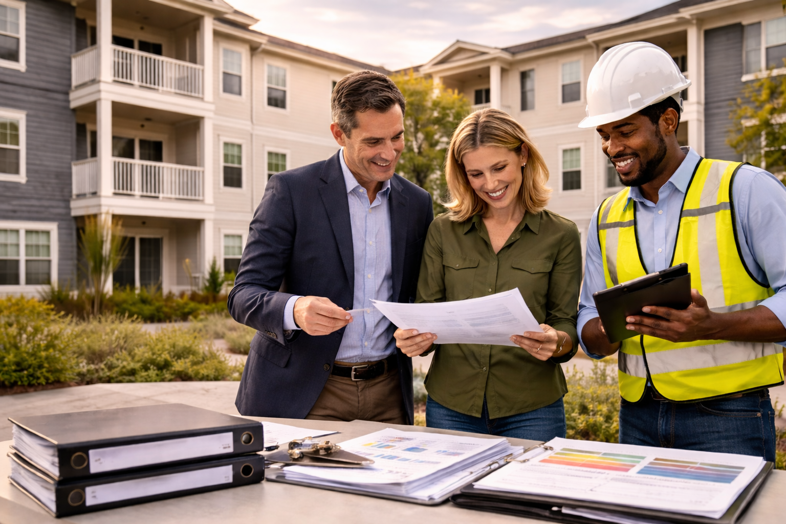 Three people, two men and one woman, looking at documents outdoors in front of an apartment complex, with binders and papers on a table.