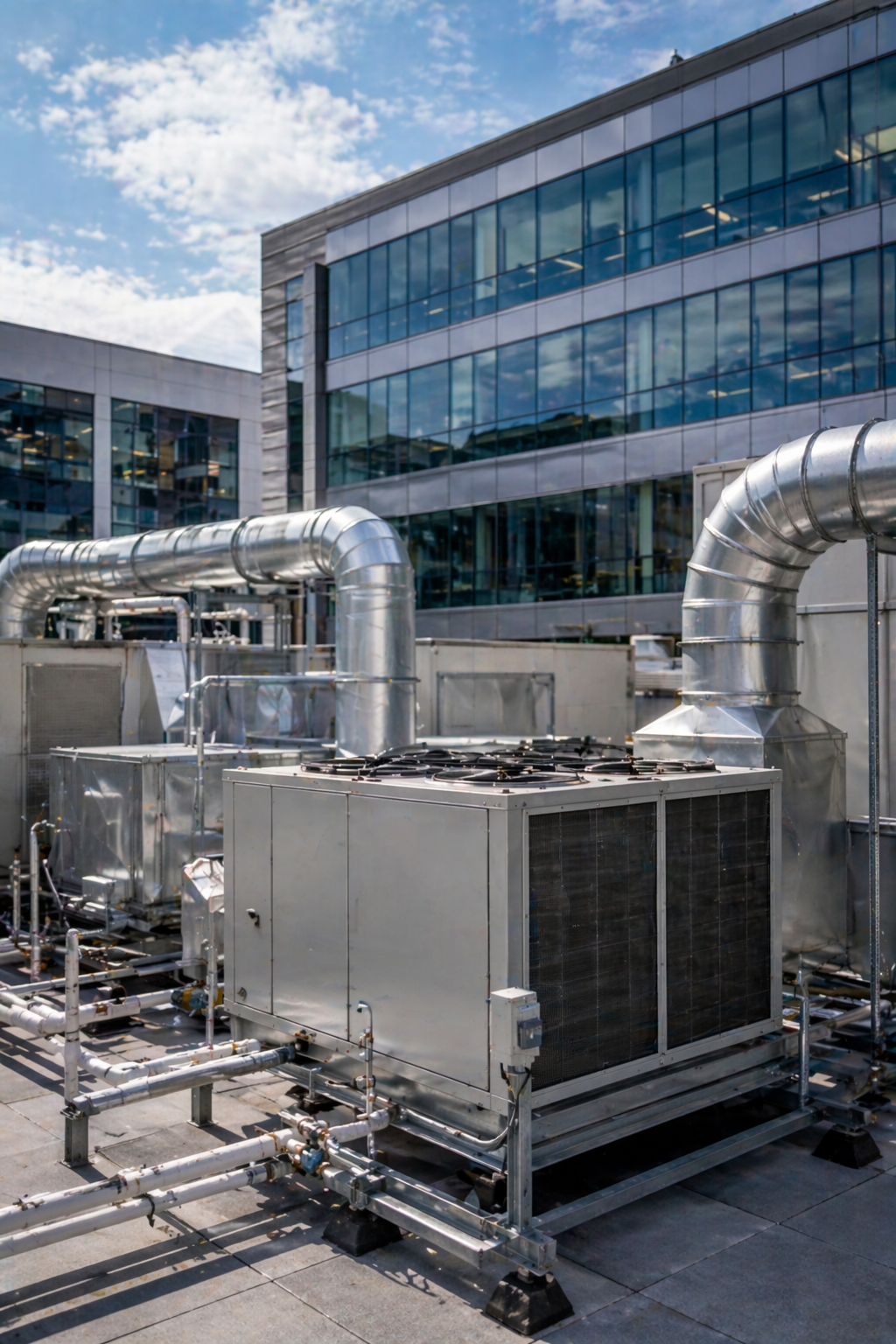 Modern office building with reflective glass windows and rooftop HVAC machinery with ventilation ducts against a partly cloudy blue sky.