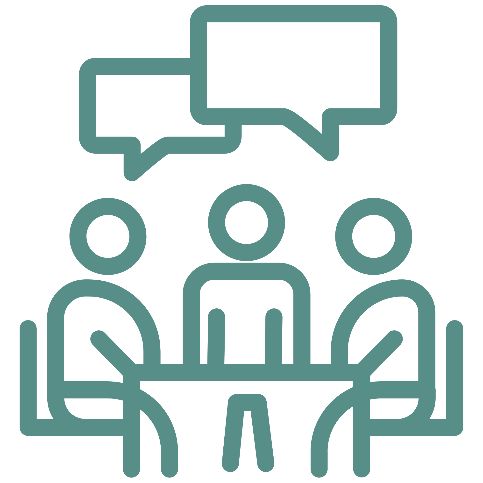 Outline of a talking bubble icon above stylized people icons, representing communication or discussion.