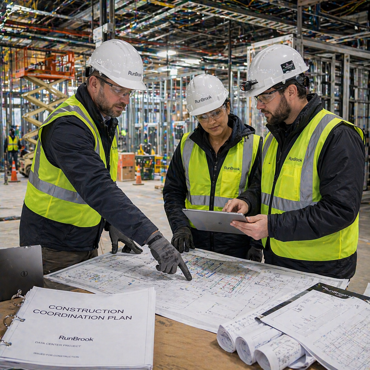 Construction workers in safety gear reviewing plans at a construction site.