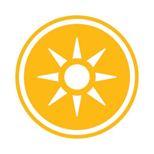 A badge or emblem with a yellow background and a white sun symbol in the center, surrounded by a black border.