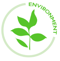 Green plant inside a circular outline with the word 'ENVIRONMENT' curved along the top.