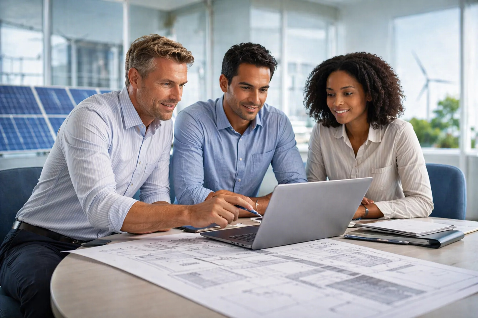 Three professionals, two men and one woman, reviewing plans and a laptop in a bright office with solar panels visible through the windows.