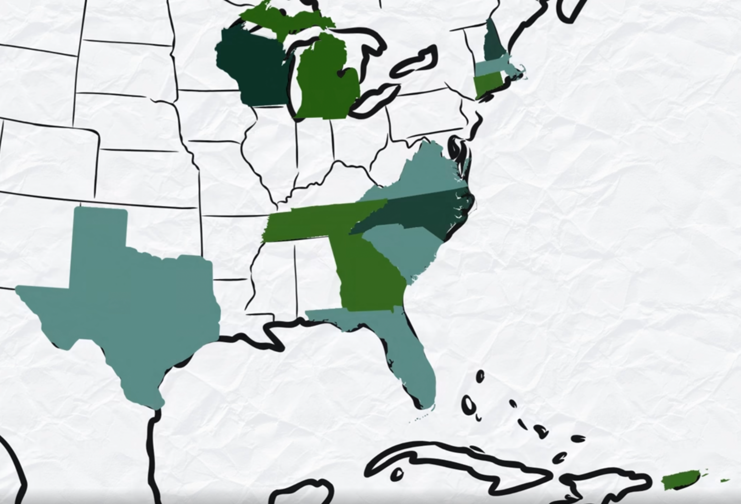A map of the United States with select states highlighted in different shades of green and blue.