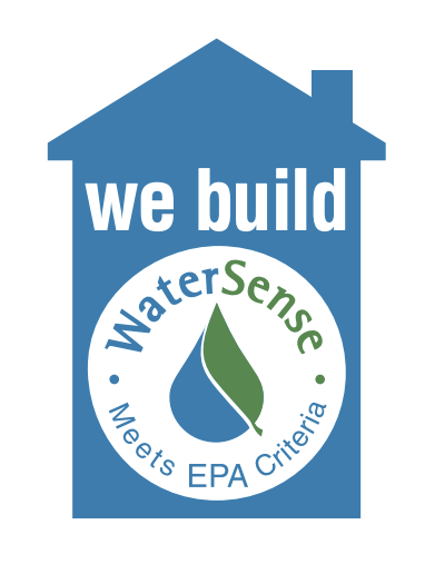A logo featuring a house shape with the text "we build" inside, and a water droplet with a leaf inside it, surrounded by the words "WaterSense Meets EPA Criteria."