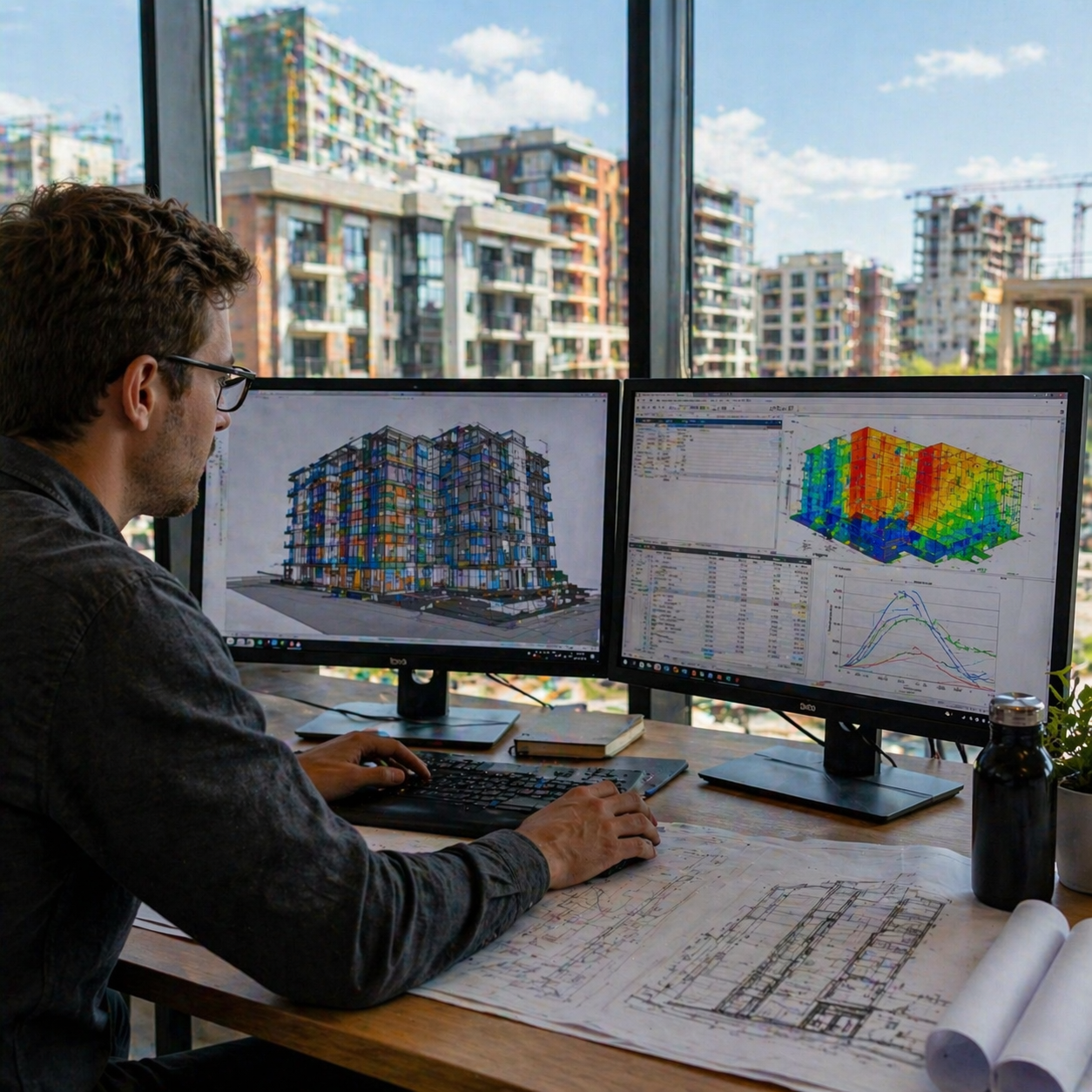 Architect working at a desk with two computer monitors displaying building designs and data analysis, with a cityscape in the background.