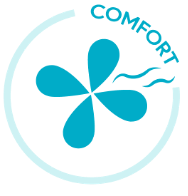 A logo featuring a droplet-shaped fan symbol with curved lines indicating airflow, and the word "COMFORT" written nearby.