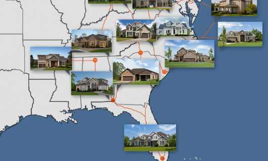 Map of the southern United States showing locations of various houses, each house image connected by orange lines to regions in Texas, Oklahoma, Arkansas, Louisiana, and Mississippi.