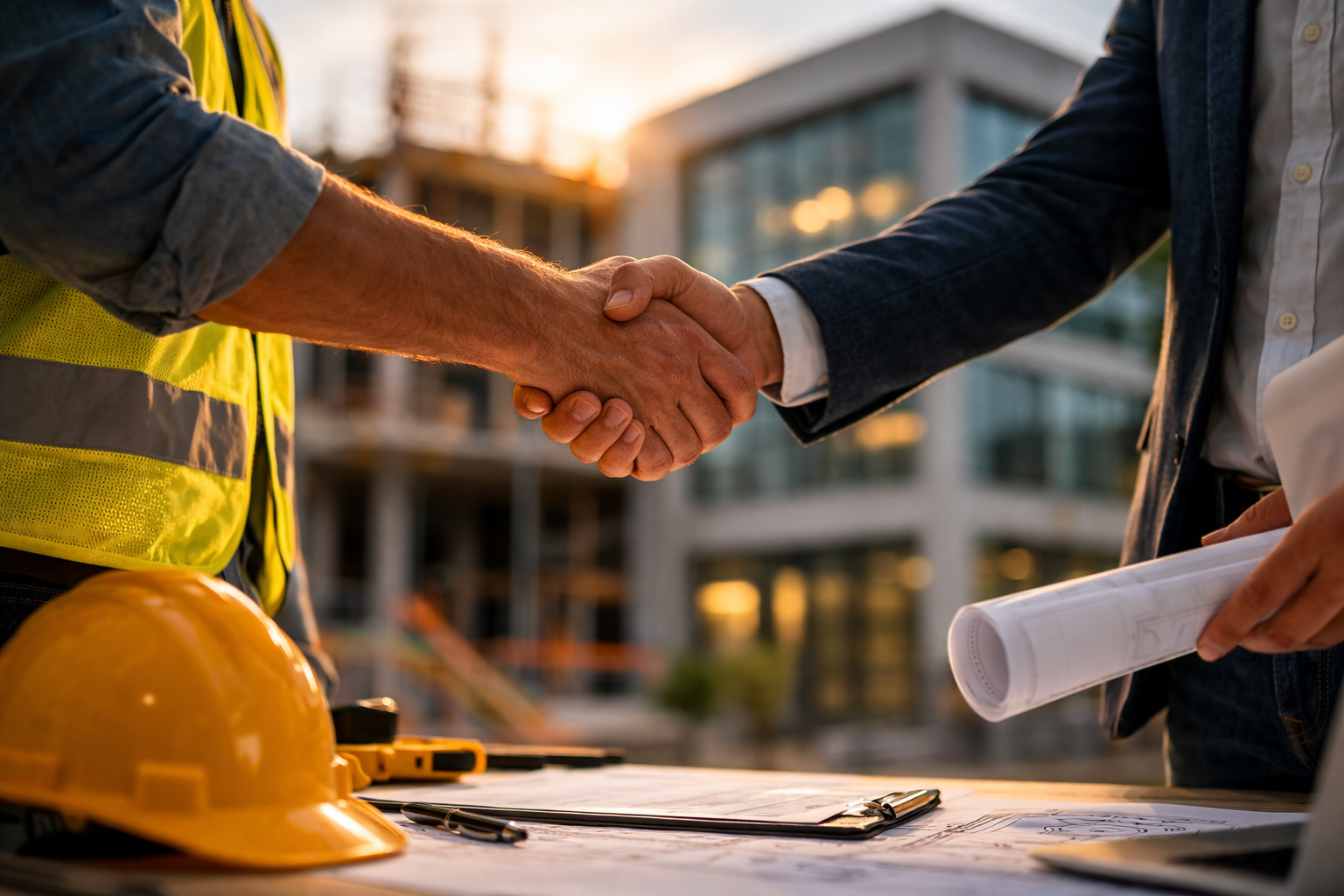 Two construction professionals shaking hands at a building site during sunset, with construction plans and a hard hat on the table.