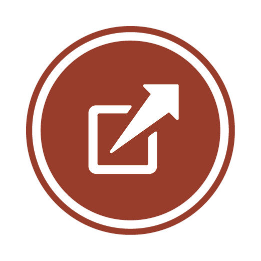 Round brown icon with a white arrow pointing upward and right, originating from a square with a border, symbolizing sharing or upload.