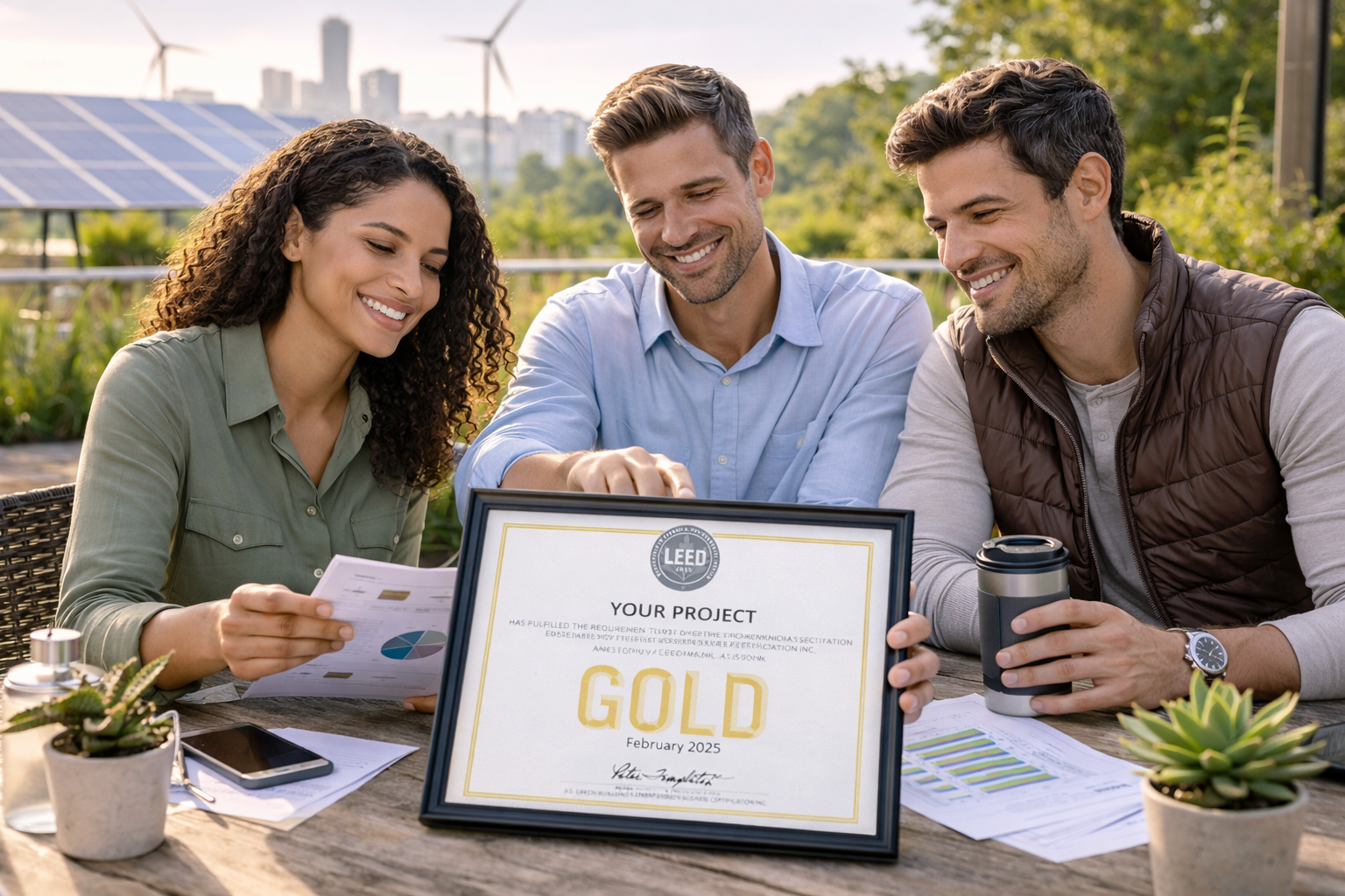 Three people smiling and looking at a framed LEED project certificate that says 'GOLD' awarded in February 2025, sitting at an outdoor table with papers, a smartphone, a coffee tumbler, and plants.