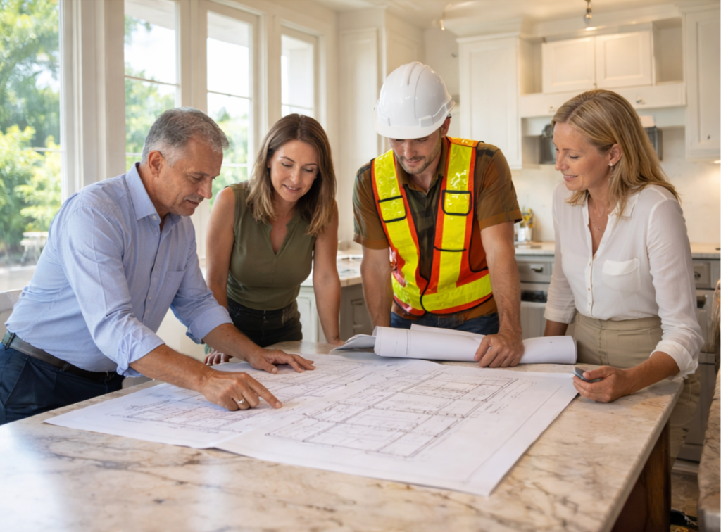 Four people examining architectural blueprints on a kitchen island. One man is pointing while another in a construction vest and helmet looks on, with two women also involved.