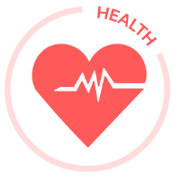 A red heart with a pulse line inside and the word 'HEALTH' above it, surrounded by a partial circle.