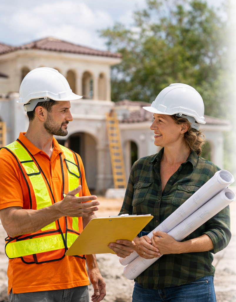 Two construction workers, a man and a woman, in safety helmets and casual work clothes, discussing plans on a construction site in front of a partially built house.