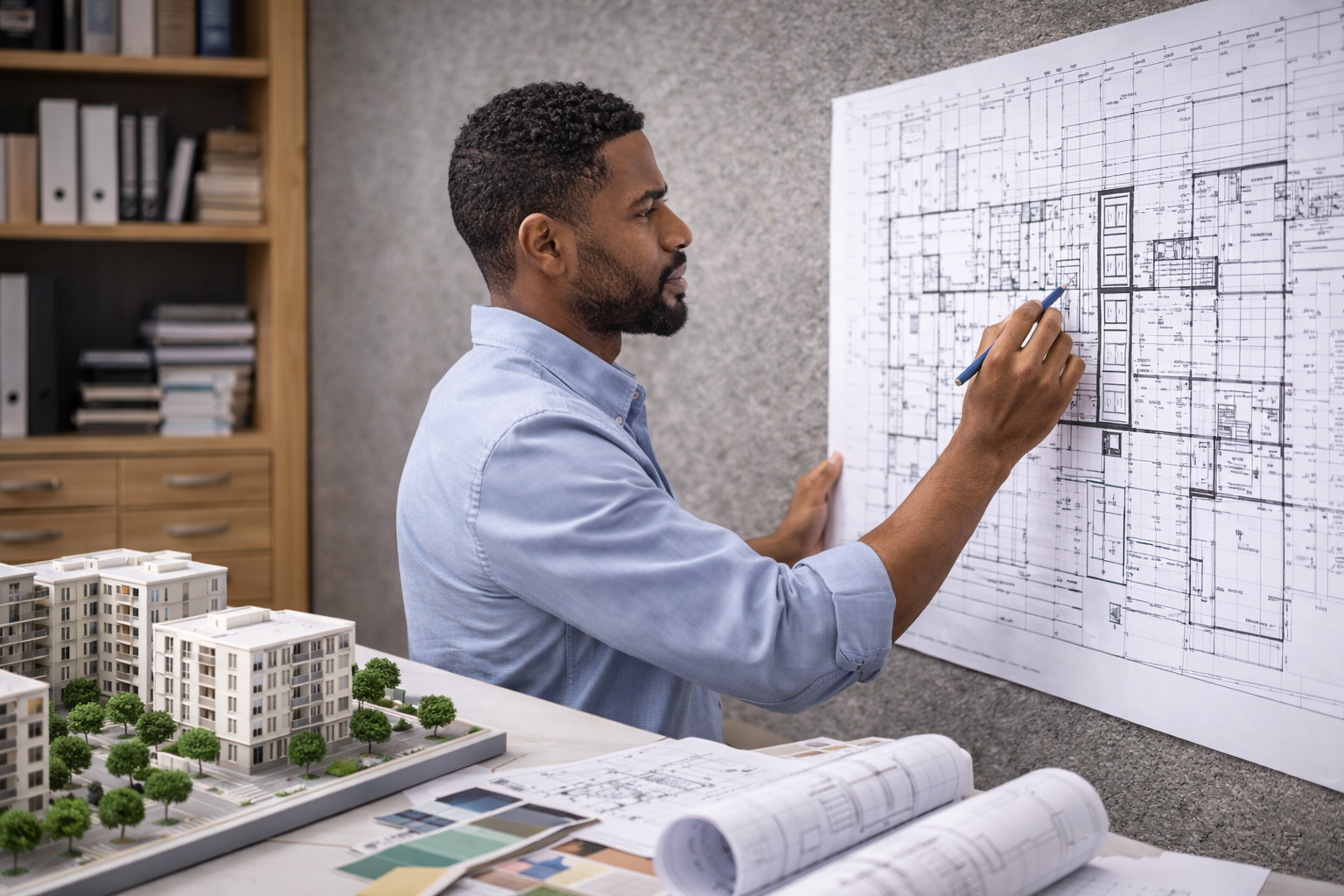 Architect or engineer reviewing a detailed building blueprint on a large wall in an office or studio. Model buildings and architectural plans are on the table.