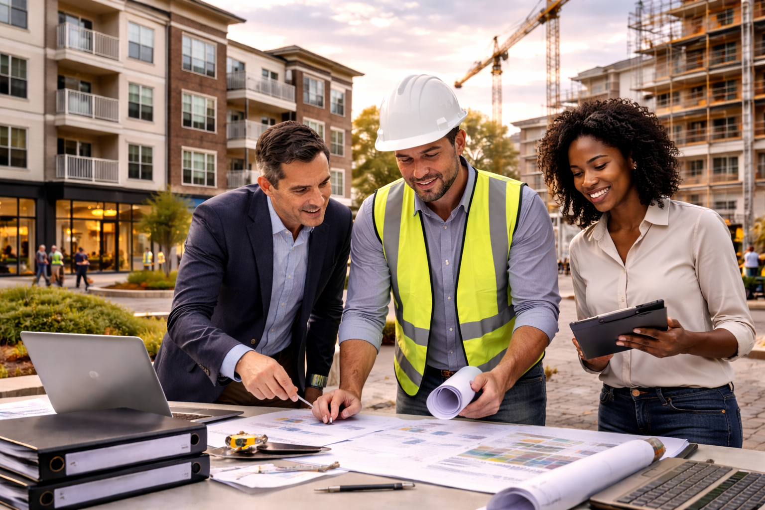 Three construction professionals reviewing plans at an outdoor construction site with buildings and a crane in the background.