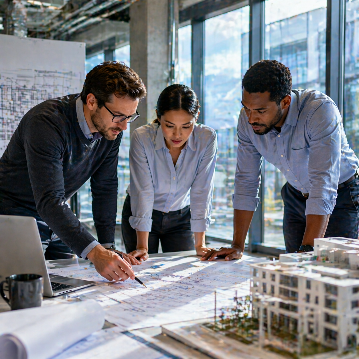 Three architects or engineers working together on a large blueprint or plans at a table in a modern office with large glass windows and models of buildings.