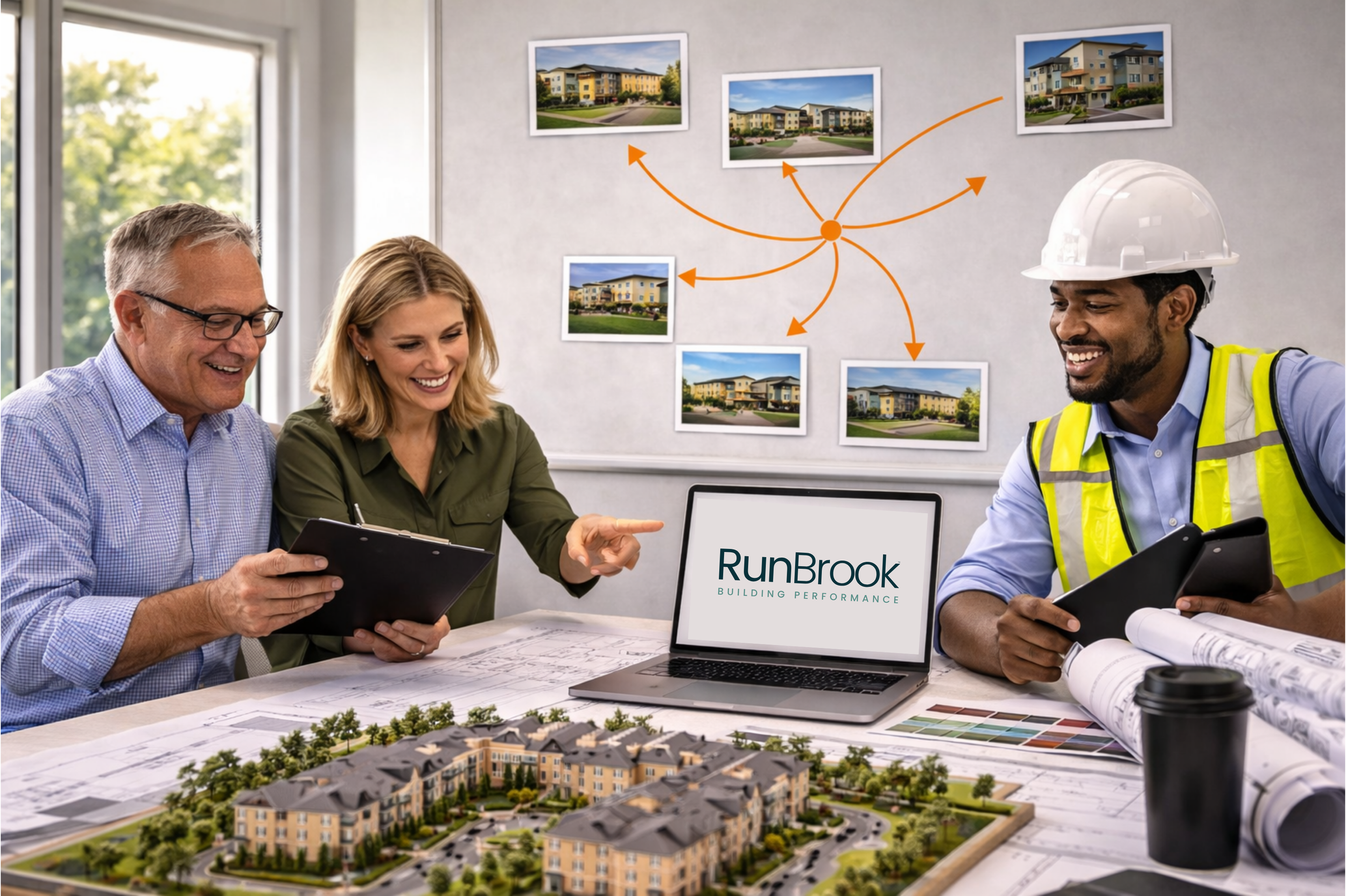Group of professionals discussing architectural plans for a residential development, with detailed model of buildings on the table and construction-related photos on the wall.