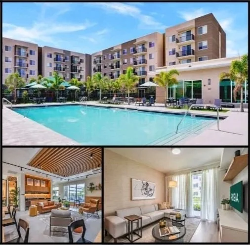 Photo of a modern apartment complex with a swimming pool in the courtyard, outdoor seating areas with umbrellas, and interior living rooms with contemporary furniture and large windows.