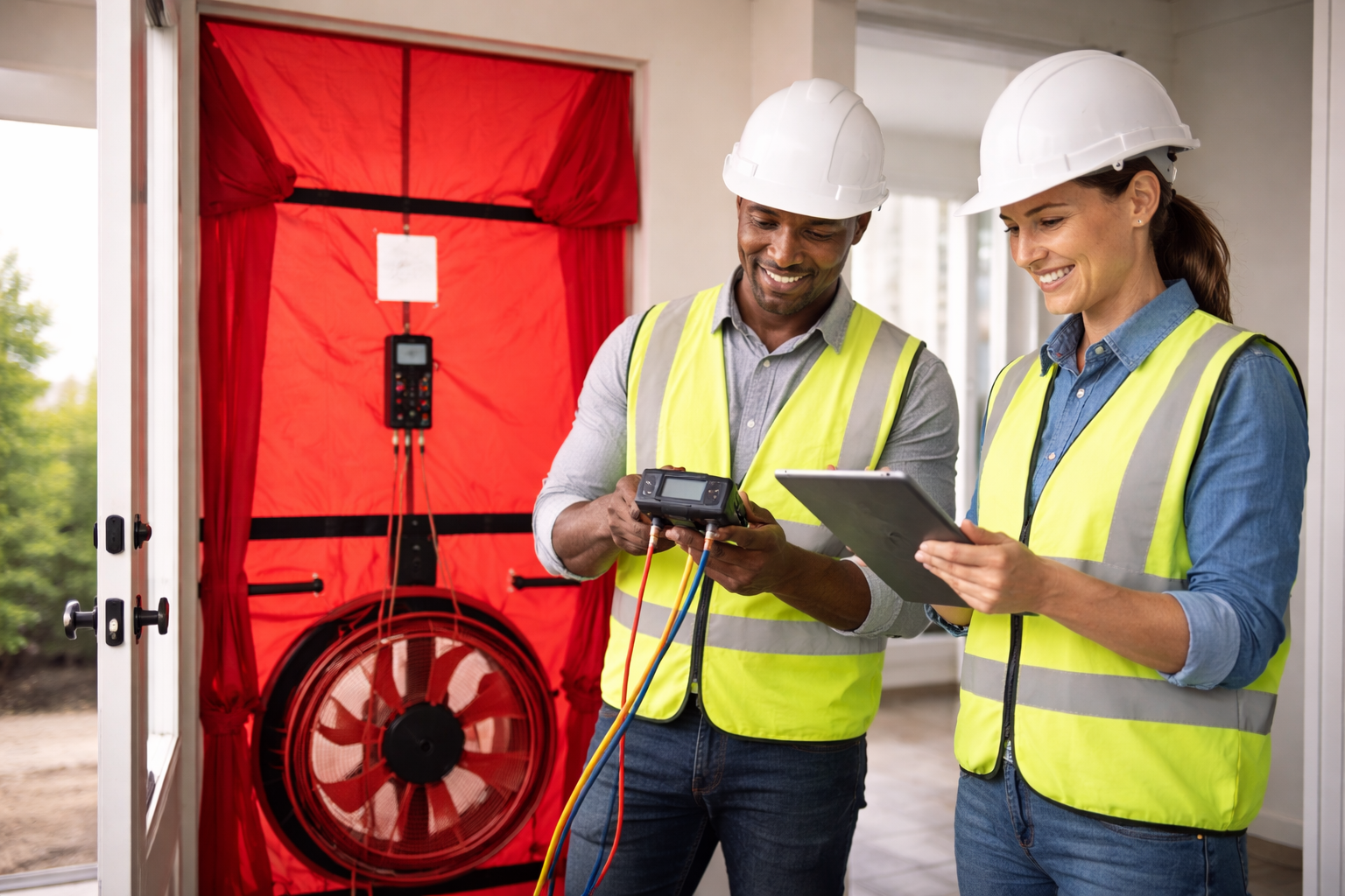 Two construction workers wearing yellow safety vests and white safety helmets are working indoors, using electronic testing equipment. One person is holding a handheld device connected to a clipboard, and the other is holding a tablet. There is a red testing tent with a fan in the background.