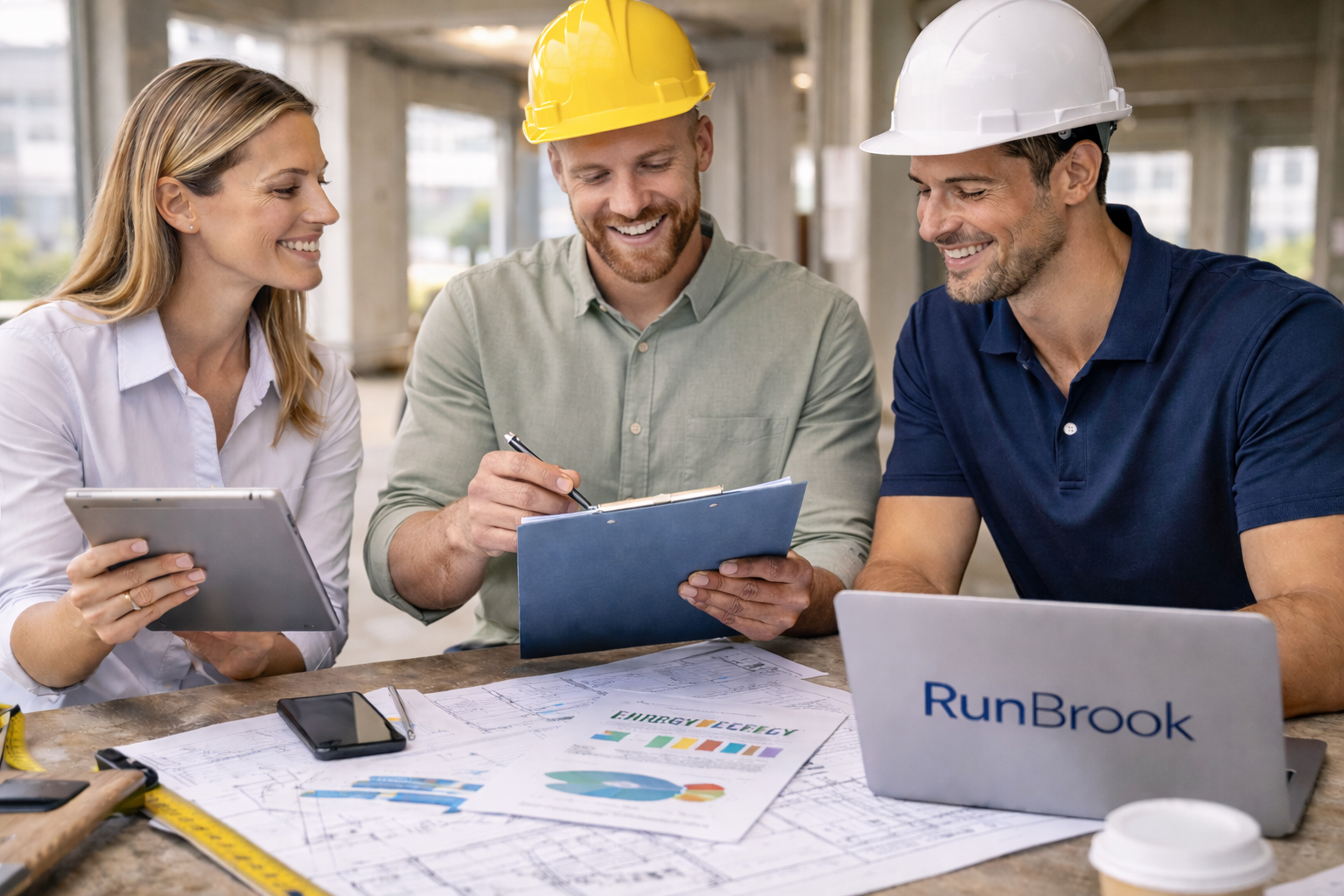 Three people, two men and one woman, wearing construction helmets and smiling while reviewing documents and a tablet at a table covered with plans, charts, and a laptop with 'RunBrook' logo.