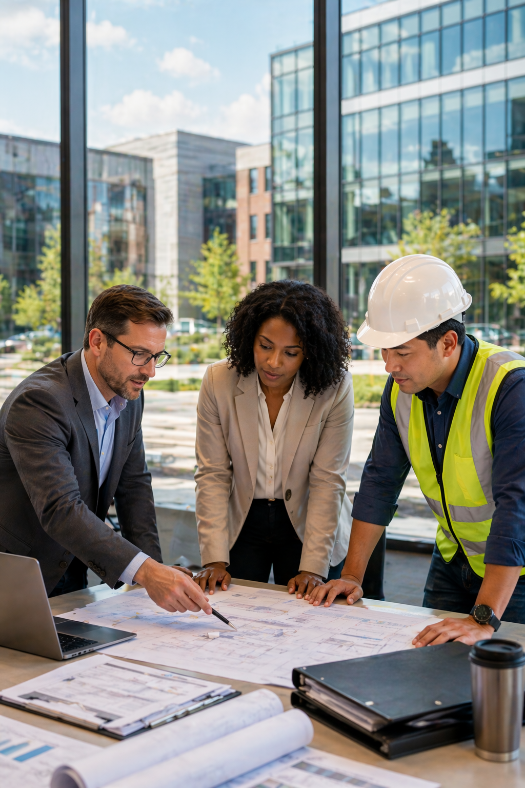Three professionals reviewing architectural plans on a table inside a modern glass building with a cityscape view.