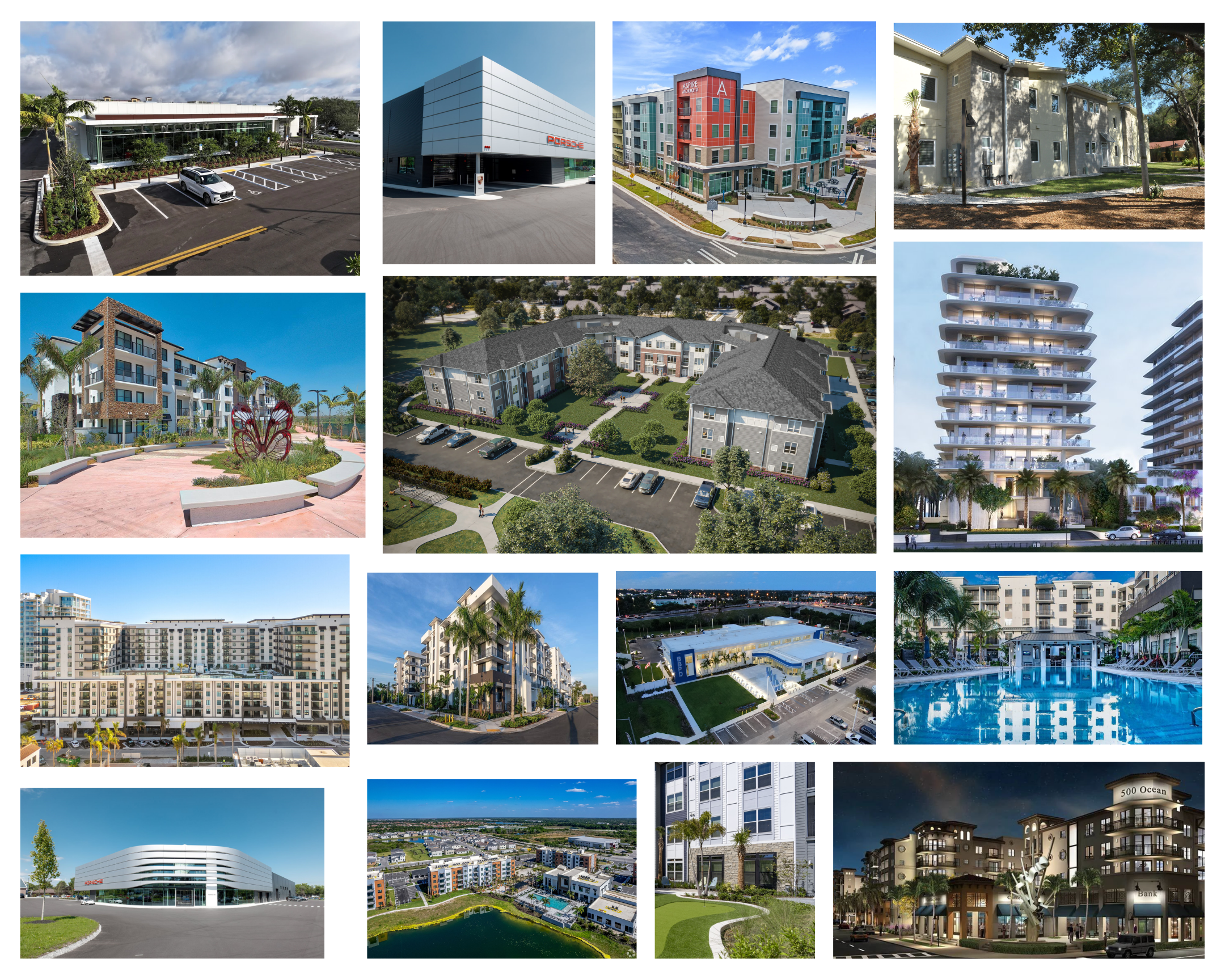 A collage of various modern residential and commercial buildings, including apartment complexes, office buildings, a hotel, a dealership, a pool, and landscaped areas.