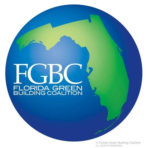 Logo of the Florida Green Building Coalition with a globe showing Florida in green and the rest of the world in blue, featuring the acronym FGBC and the full name 'Florida Green Building Coalition'.