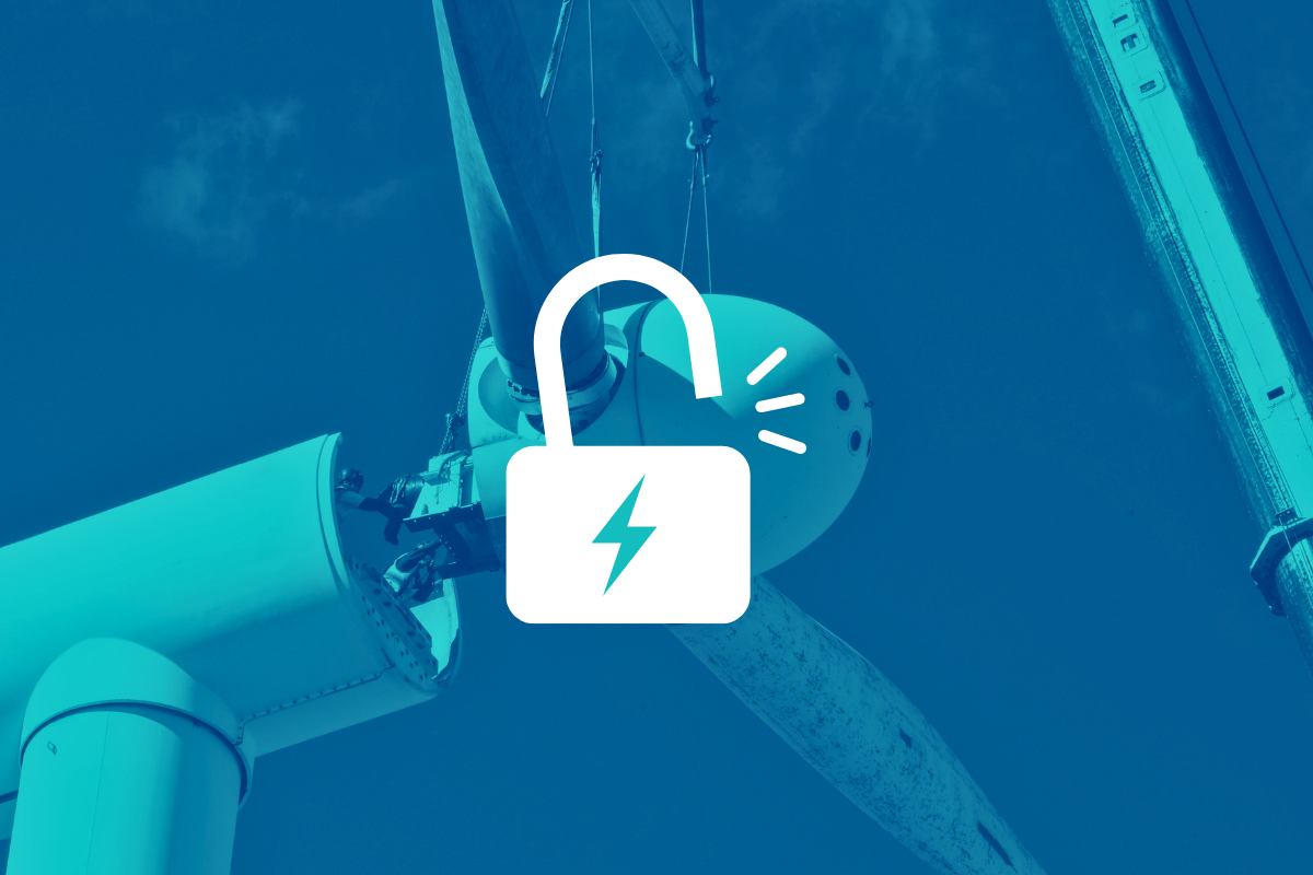 A turbine under construction, with workers inside. An icon of a lock popping open overlaid on top.