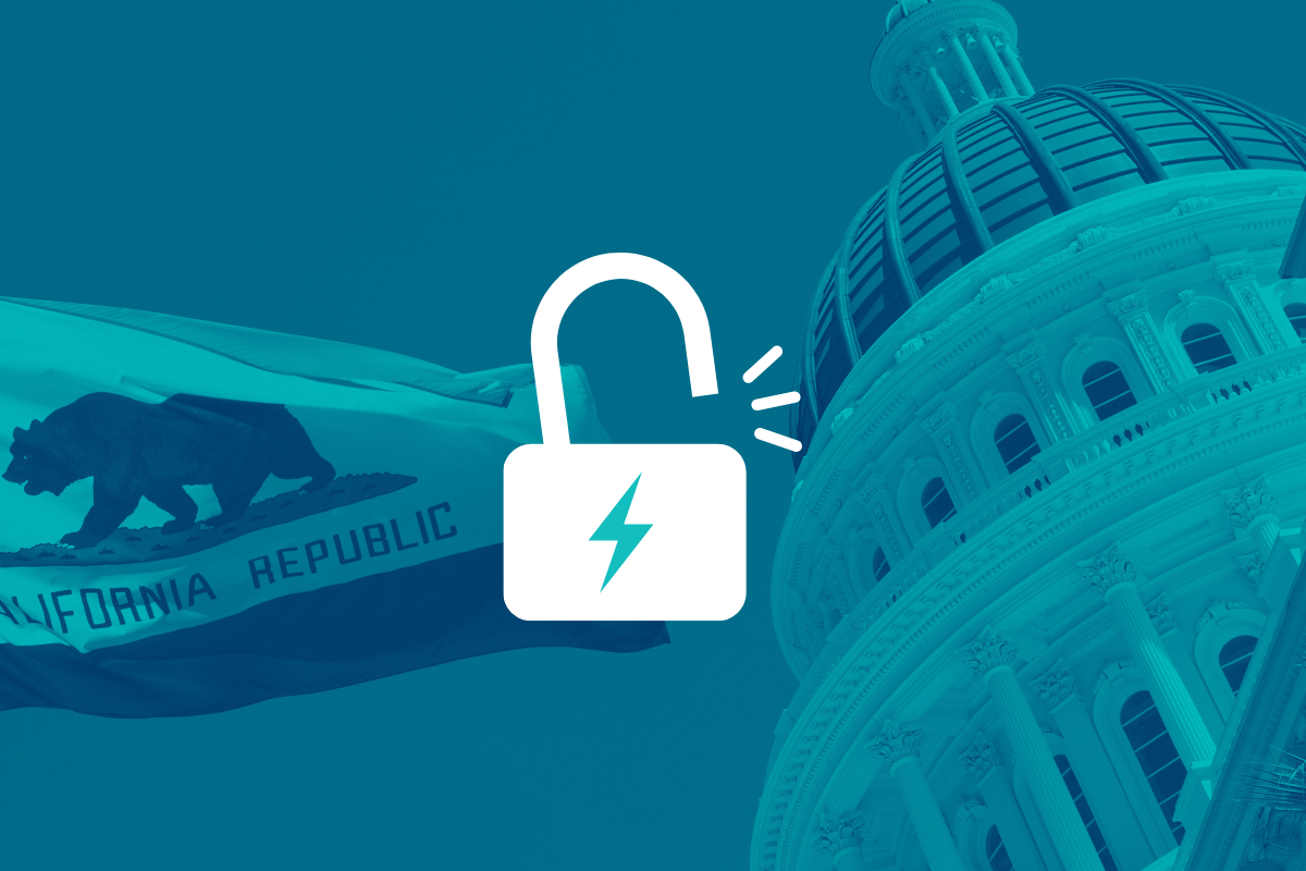 An icon of a lock popping open over.a photo of the CA flag and capitol building.