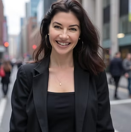 Smiling woman in black blazer standing outdoors in an urban setting.