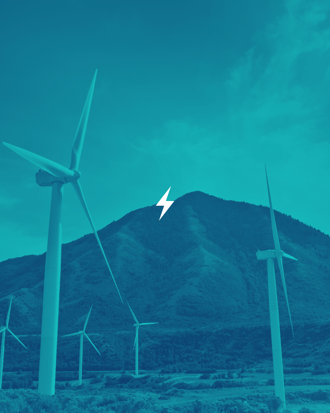 Multiple wind turbines on a mountainside under a cloudy sky with a lightning bolt symbol in the center.