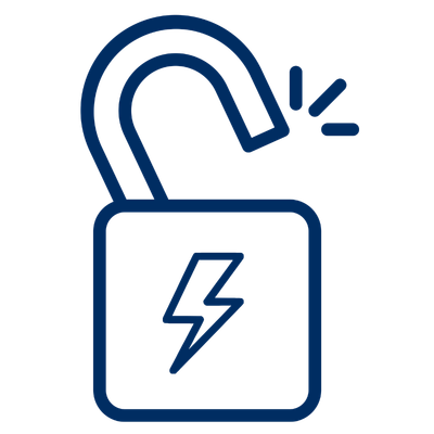Icon of a padlock with an open shackle and a lightning bolt inside, indicating security or power.