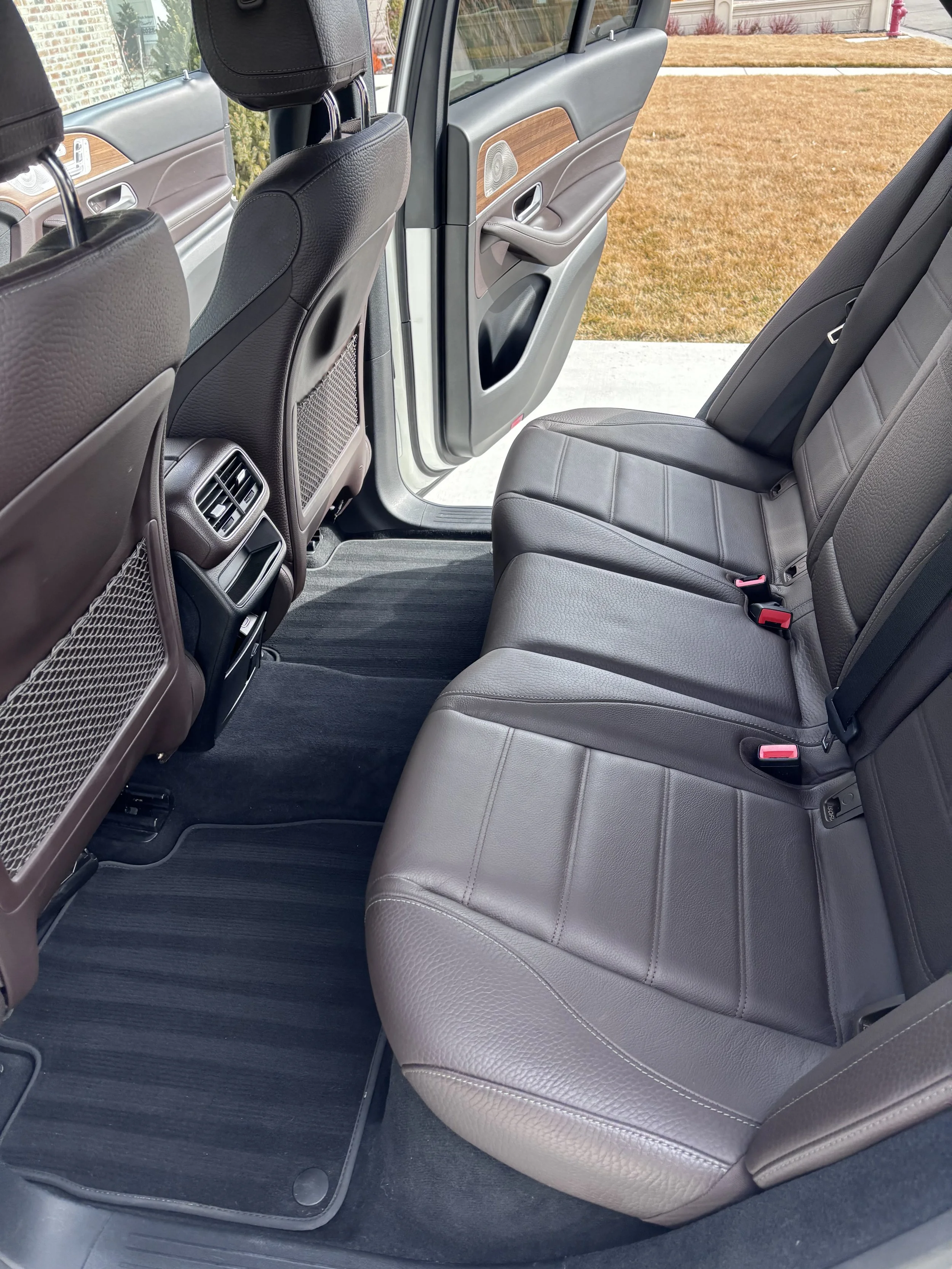 The interior of a car's backseat area with leather seats, rear air vents, and open car doors, showing a grassy outdoor area outside.