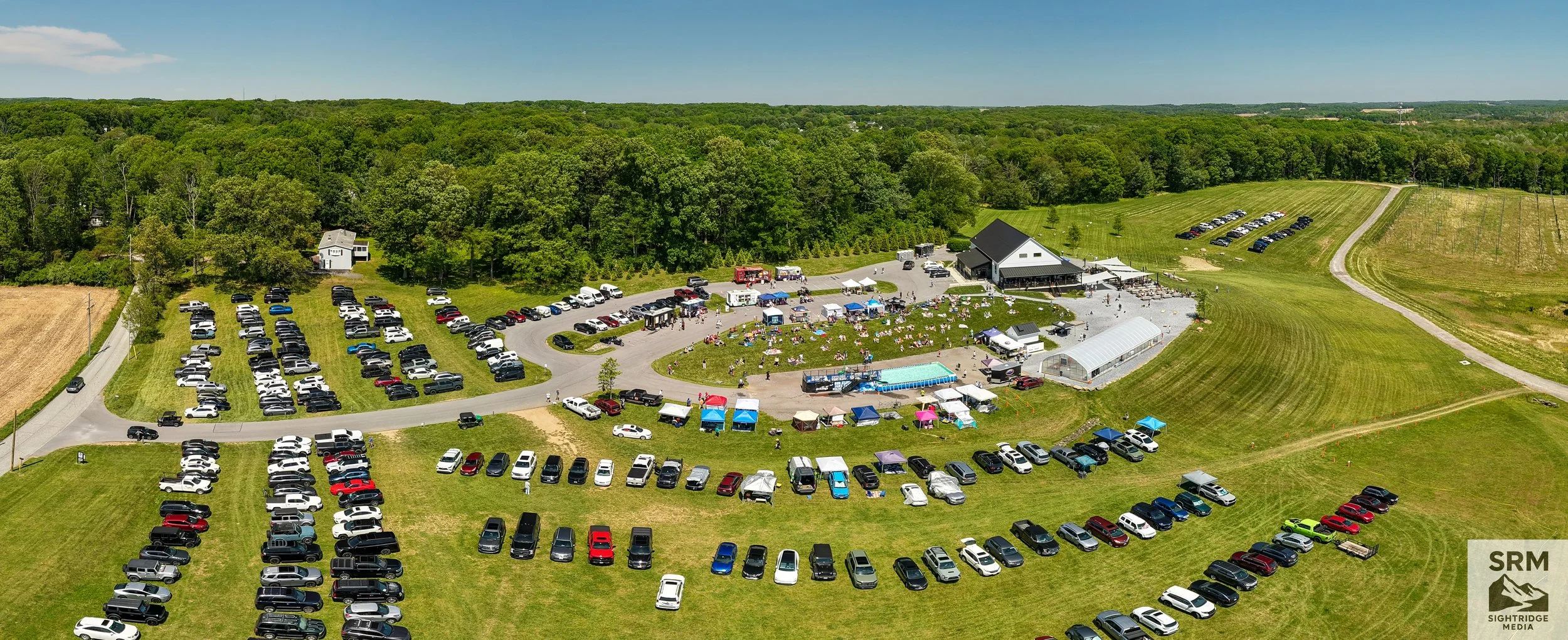 Chesapeake DockDogs Event at Big Truck Farm Brewery, Parkton MD — Aerial documentation capturing venue scale, parking capacity, and event footprint.