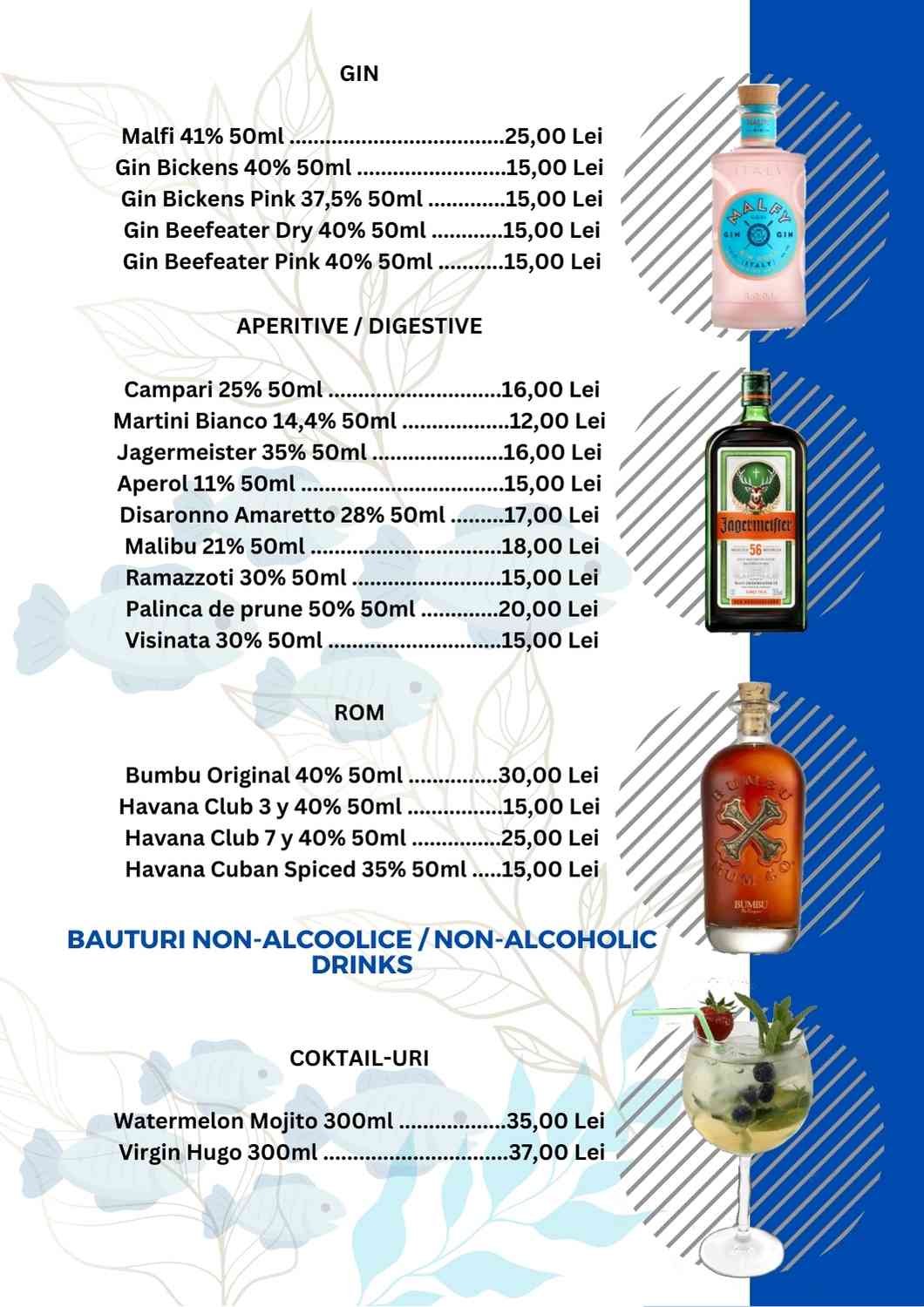 A menu displaying different types of alcohol and non-alcoholic drinks with their prices in Lei. The menu is divided into sections for gin, aperitive/digestive, Romanian spirits, and non-alcoholic drinks, with images of bottles and a cocktail at the b