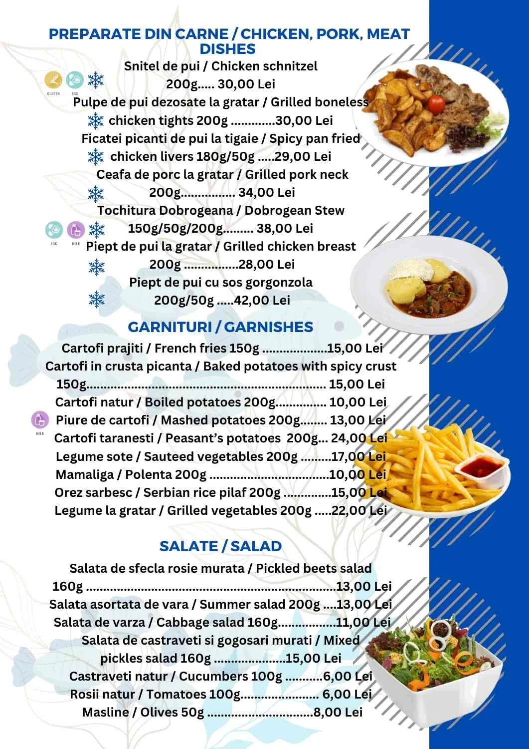 Menu displaying various dishes including chicken schnitzel, grilled boneless chicken thighs, spicy pan-fried chicken livers, grilled pork neck, Dobrogean stew, grilled chicken breast, chicken with gorgonzola, and several side dishes like French fries