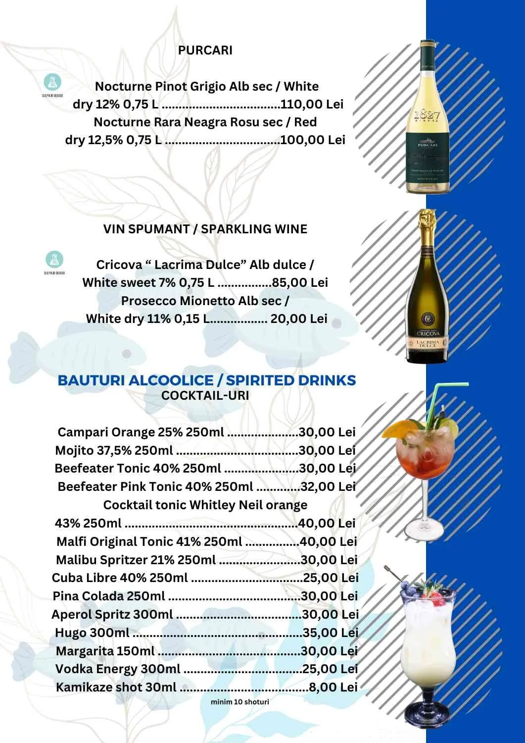 A drink menu with sections for wines and sprited drinks. The wine section lists two bottles: Nocturne Pinot Grigio White for 110 LEI and Nocturne Rara Neagra Red for 100 LEI. The sparkling wine section lists Cricova Lacrima Dulce for 85 LEI and Prose