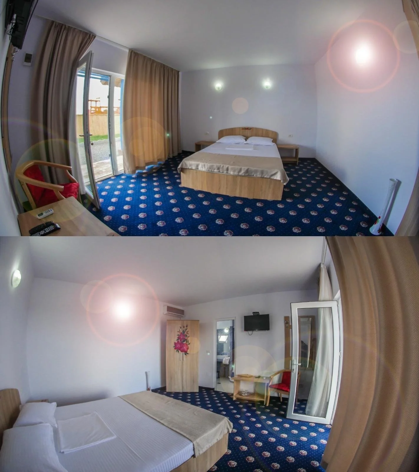 Two hotel rooms with beds, curtains, a small balcony, a television, and a closet, shown with a fisheye lens effect.