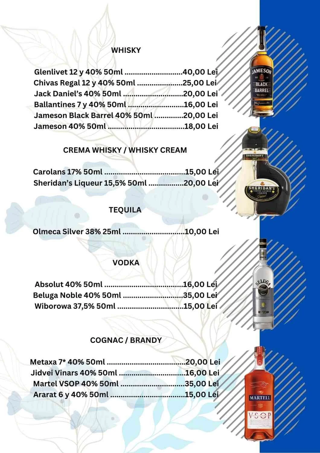 List of alcoholic beverages with brands, sizes, and prices, including whiskey, whiskey cream, tequila, vodka, cognac, and brandy, with images of bottles on the right side.