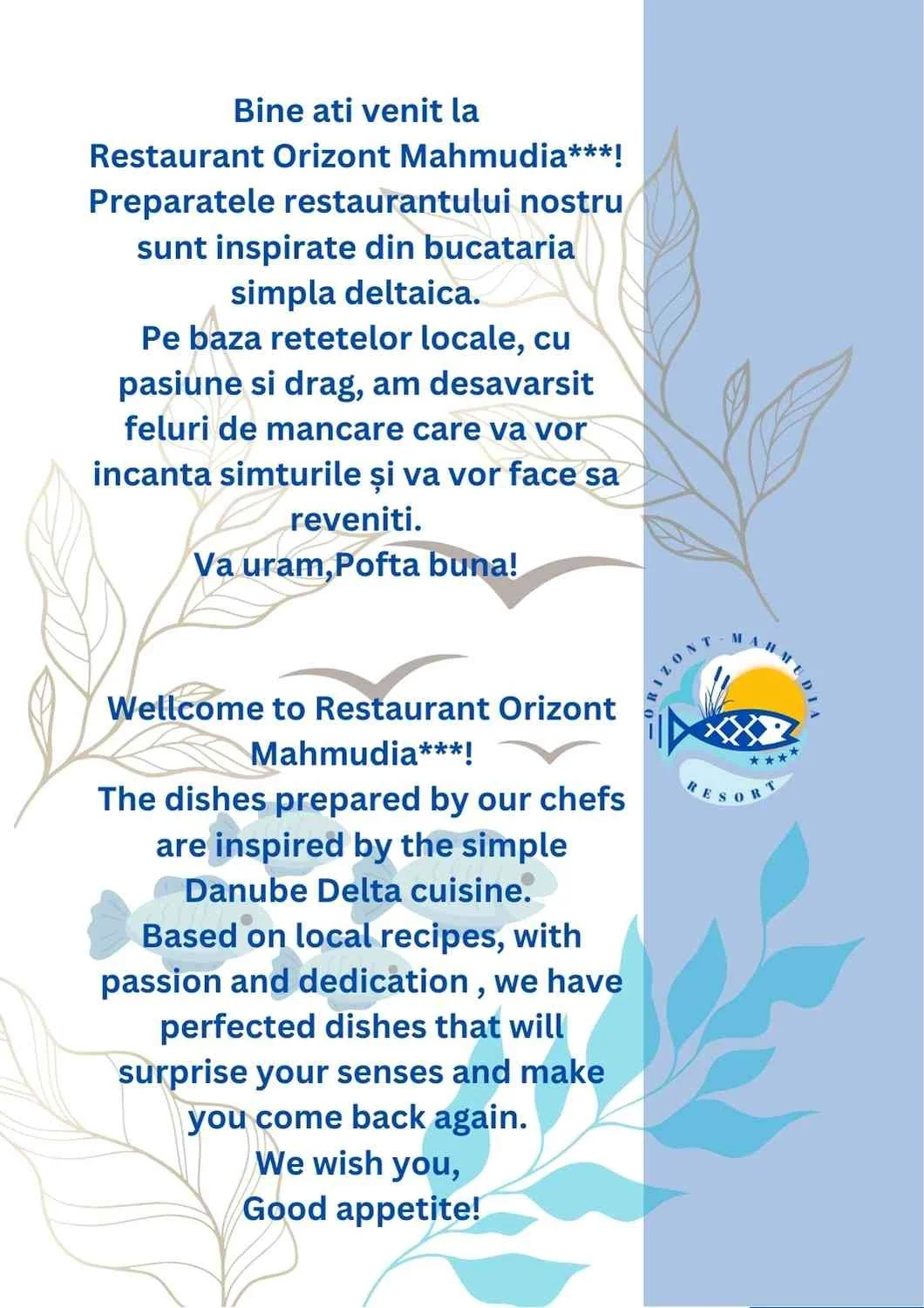 Welcome message for Restaurant Orizont Mahmudia with description of the cuisine inspired by the Danube Delta, featuring blue text on a white and blue background with leaf and fish illustrations and a logo with a fish and sun.