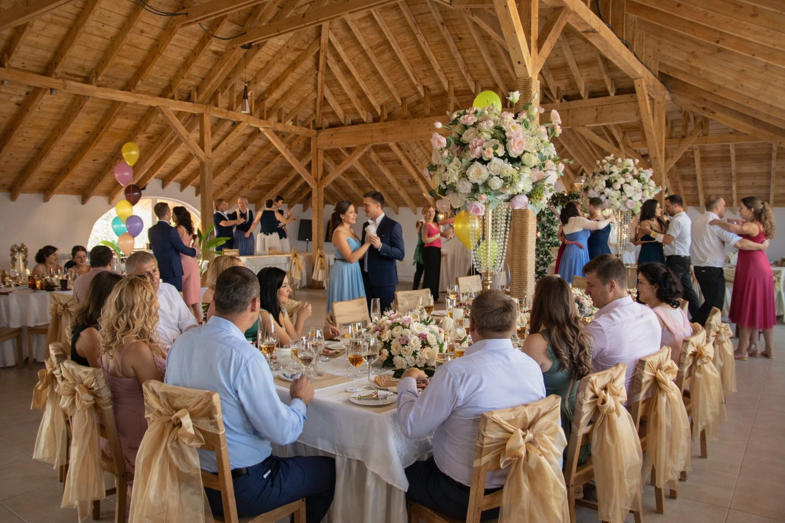 A celebration or wedding reception with guests seated at decorated tables, while couples dance on the dance floor under a large wooden ceiling with floral centerpieces and colorful balloons.